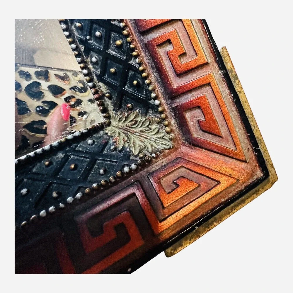 VINTAGE Mosaic Greek Key Dresser Vanity Tray Mirror Mosaic Ornate Trinket Tray